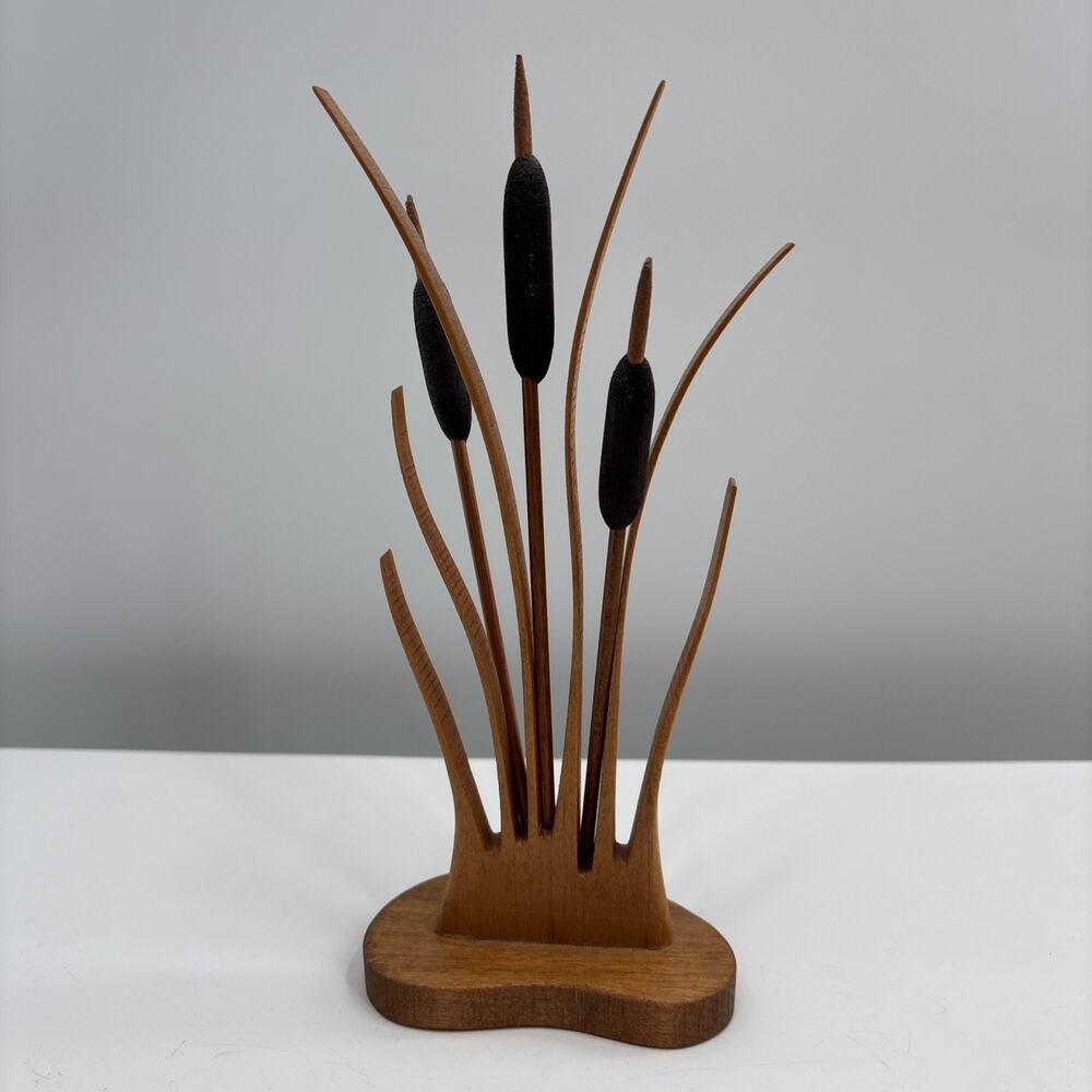 Vtg Mid Century Modern Teak Wood Sculpture Wooden Cattails MCM North Country